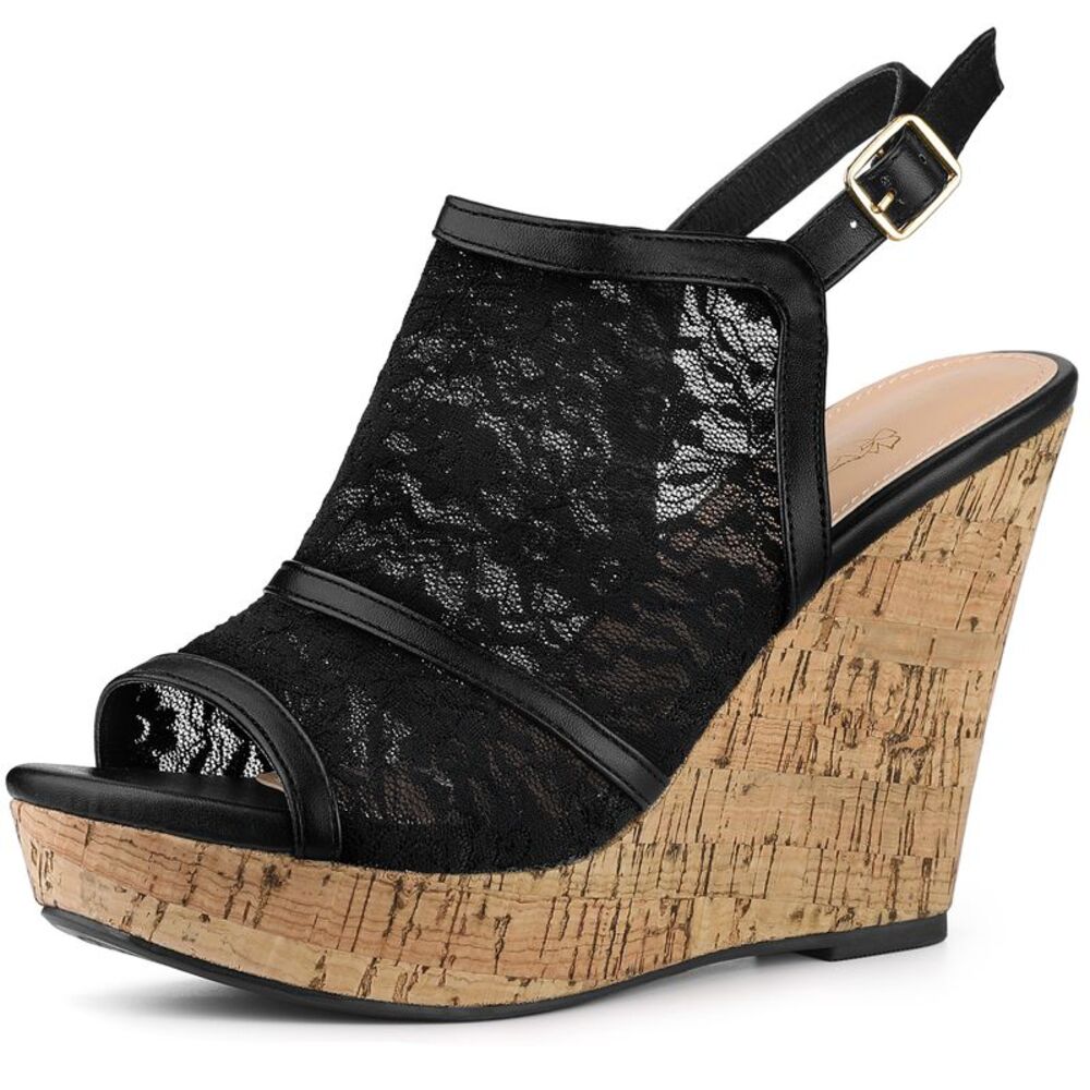 Lace Platform Heel Slingback Wedges Sandals Black